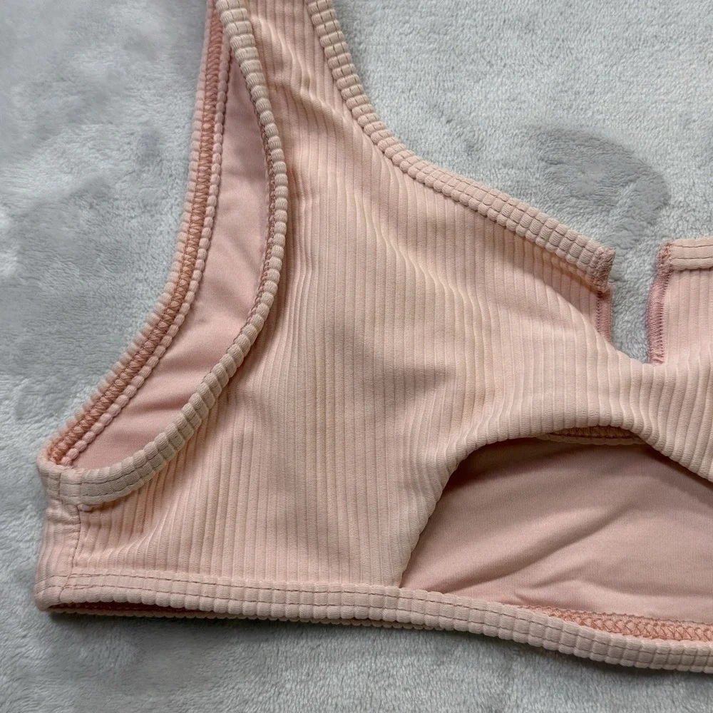 Frankies Bikinis‎ Ribbed Cutout Bikini Top Peach Pink Large Malibu